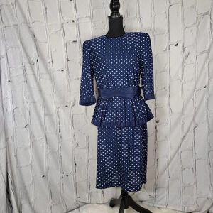 VINTAGE Retro Navy Blue with White‎ Polka Dot Modest Mid Length Peplum Dress 12